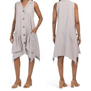 For Cynthia Gray Linen Blend Sleeveless Smocked Pocket Lagenlook Shirt Dress